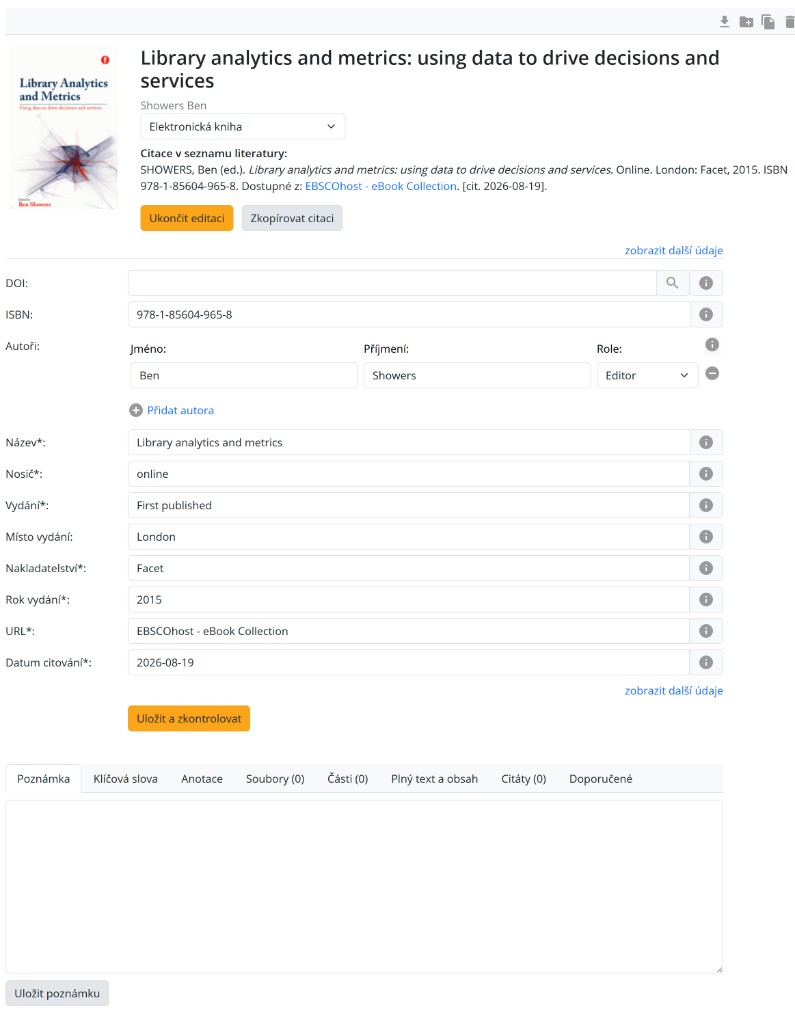 Import z webu do Citace PRO — metadata knihy Library analytics and metrics uložená v knihovně zdrojů