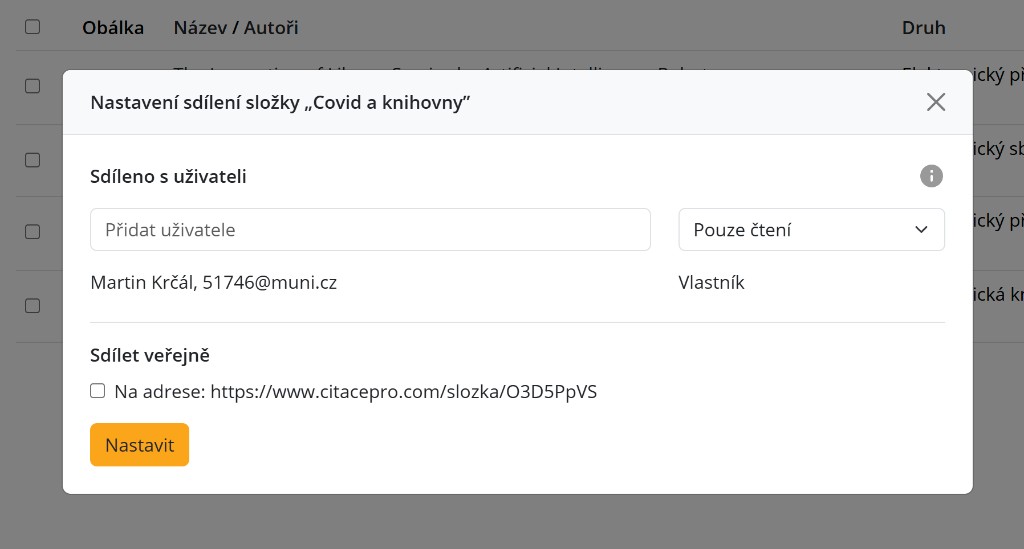 Nastavení sdílení složky v Citace PRO — přidání uživatelů, oprávnění ke čtení a veřejný odkaz