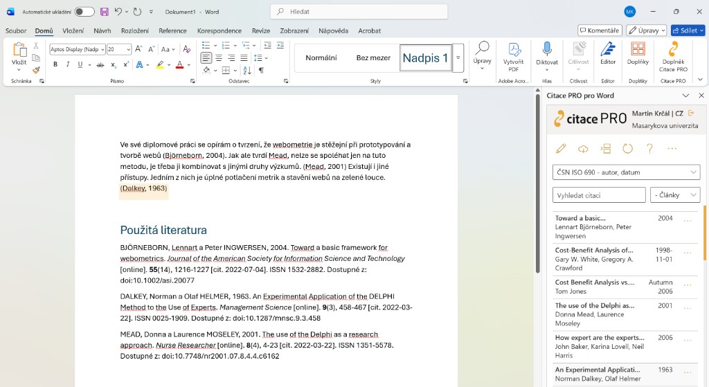 Citace PRO pro Word — citace v textu, automatický seznam literatury a knihovna zdrojů v postranním panelu